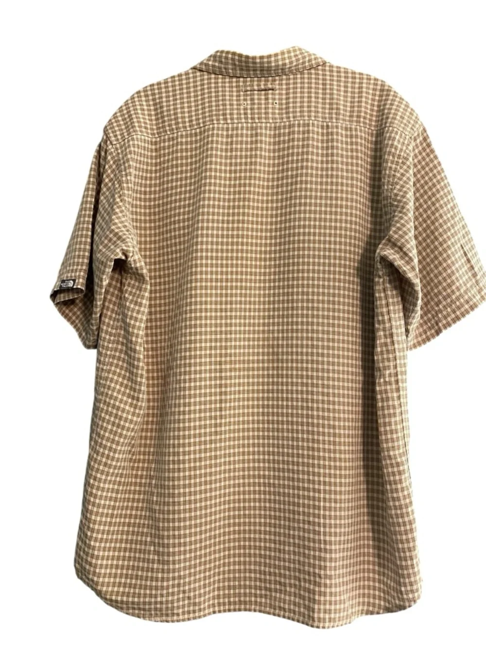 North Face Short Sleeve Button-Up Shirt Brown Check Front Zip Pocket Sz Medium